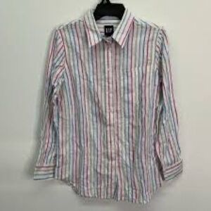 GAP White Button-Down Shirt with Red, Blue & Green Stripes